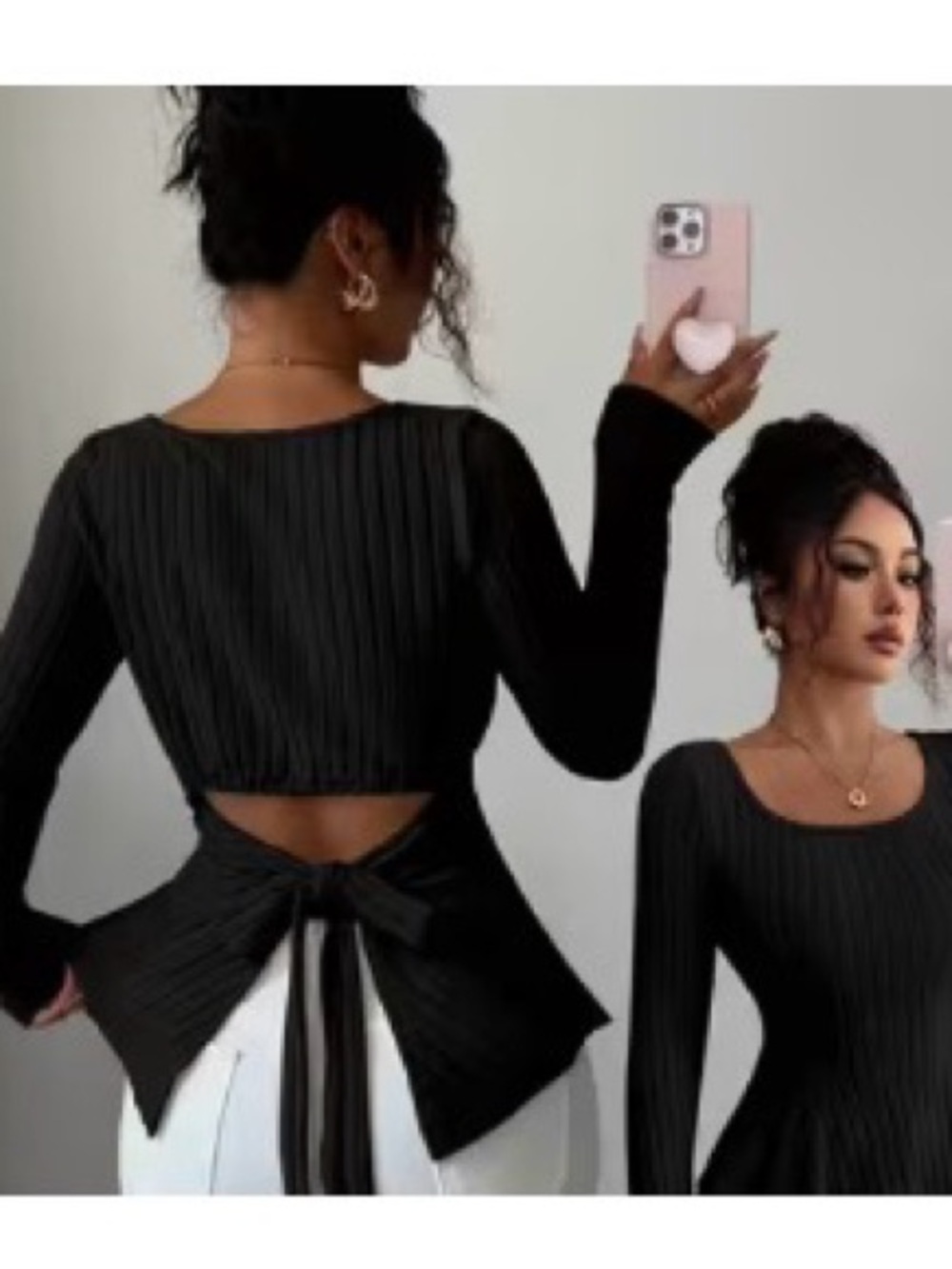 Women’s Black Ribbed Long-Sleeve Tie-Back Top